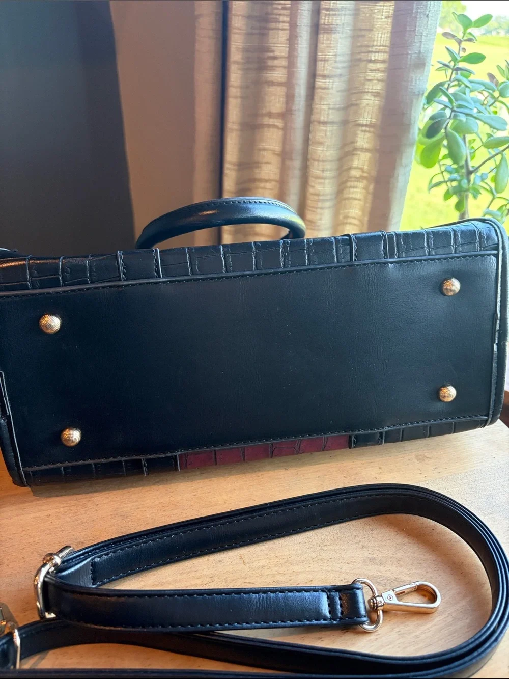 Black and Burgundy Croc-Embossed Satchel Handbag with Gold Hardware